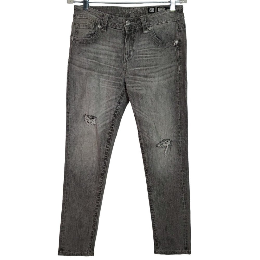 Miss Me Womens Gray Boyfriend Ankle‎ Jeans 26 Mid Rise Distressed Denim